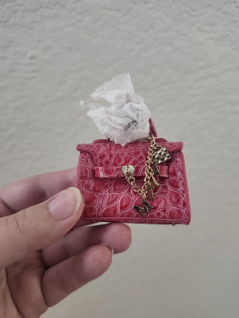 Croc-Embossed Mini Pink Top-Handle Bag with Gold Chain Charms